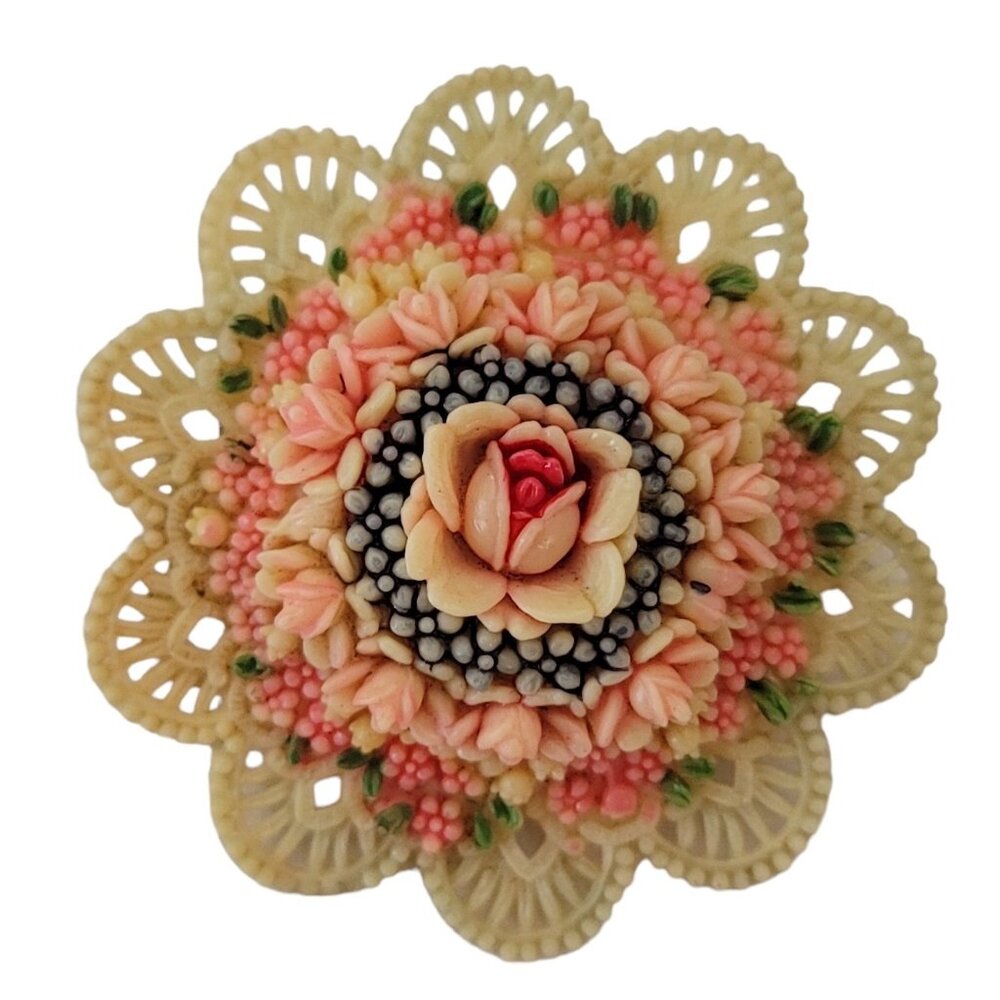 Vintage Celluloid Lacy Pink Carved Flower Brooch Pin E823